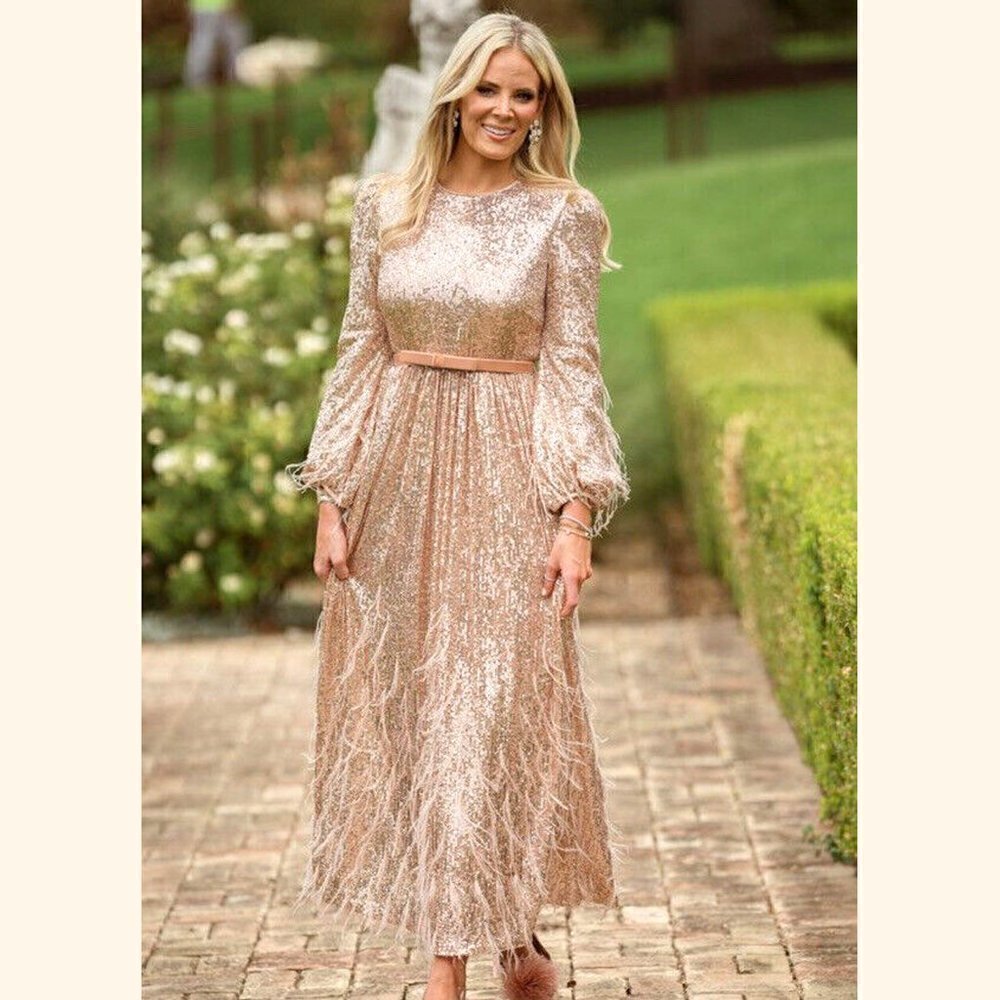 Antonio Melani x Nicola Bathie Nicola Sequin Crew Neck Long Sleeve Belted Dress